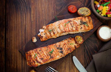 Grilled Salmon Fillet With Steamed Vegetables and Sauce