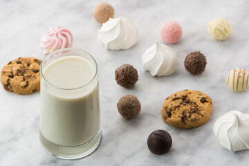 Breakfast with milk and sweets.