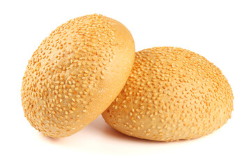 Round sandwich bun with sesame seeds isolated on white background