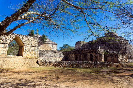 View of the entrance to the ancient Mayan ruins of Ek Balam near Valladolid, Mexico