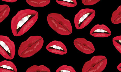 The pattern of female lips. A set of lips with an open mouth and teeth. A pattern of lips on a black background.