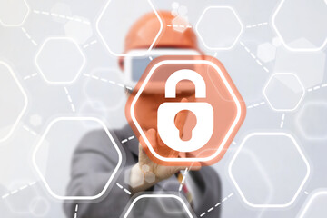 Data Security Lock Template Virtual Reality Business Internet Concept. Man in hard hat and vr glasses pressing lock button on virtual touch screen. Mock up access. Safety Information, 3D development.