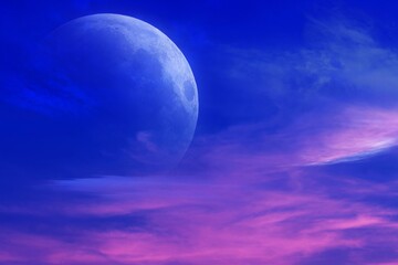 Naklejka na ściany i meble Romantic decline and mystical moon .Sunset and new moon . Paradise heaven . Dawn in pink clouds . Religious background.