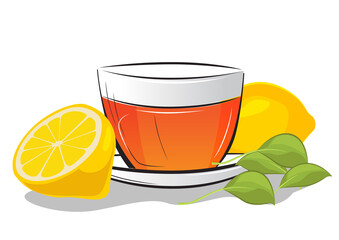 Cup of tea with lemon and mint leafs