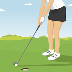 Close up of lady golfer putting. Golf course resort scenes of players and holes