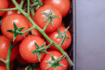 Cherry tomatoes in a plastic container.