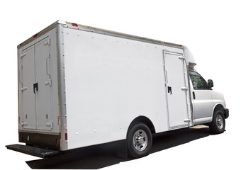 Rear and side view of isolated white delivery van.