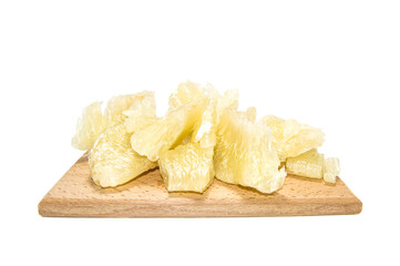 peeled pomelo fruit on white background