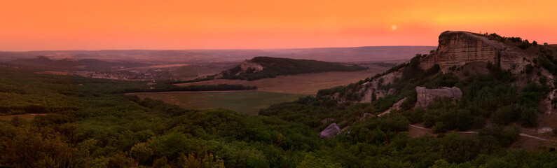Panorama of mount Pugu-kaya at sunset, Bakhchisaray, Crimea