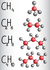 Chemical formula and molecule model methane CH4, ethane C2H4,  propane C3H8,  butane C4H10. Homologous series of alkanes