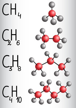 Chemical formula and molecule model methane CH4, ethane C2H4,  propane C3H8,  butane C4H10. Homologous series of alkanes