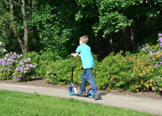 Kind fährt Roller im Park im Frühling - Rhododendron blüht lila am Wald 