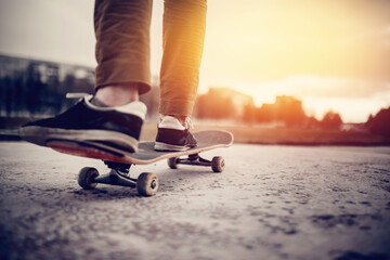 A boot of a skateboarder's shoes is standing on a skateboard ride in the sunset on the road,...