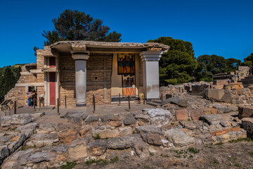 Minoan palace at Knossos on Greek Mediterranean island of Crete partially reconstructed by English...