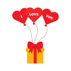 Flat icon gift with balloons. Yellow gift with red bow. Vector illustration.