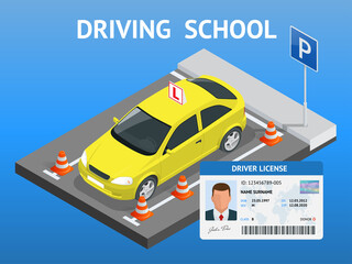 Design concept driving school or learning to drive. Flat isometric illustration