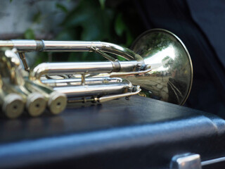 Obraz na płótnie Canvas Detail of trumpet on black case.