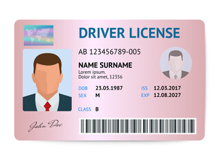 Flat man driver license plastic card template, id card vector illustration