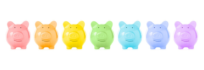 Colorful piggy banks on white background. Money savings concept