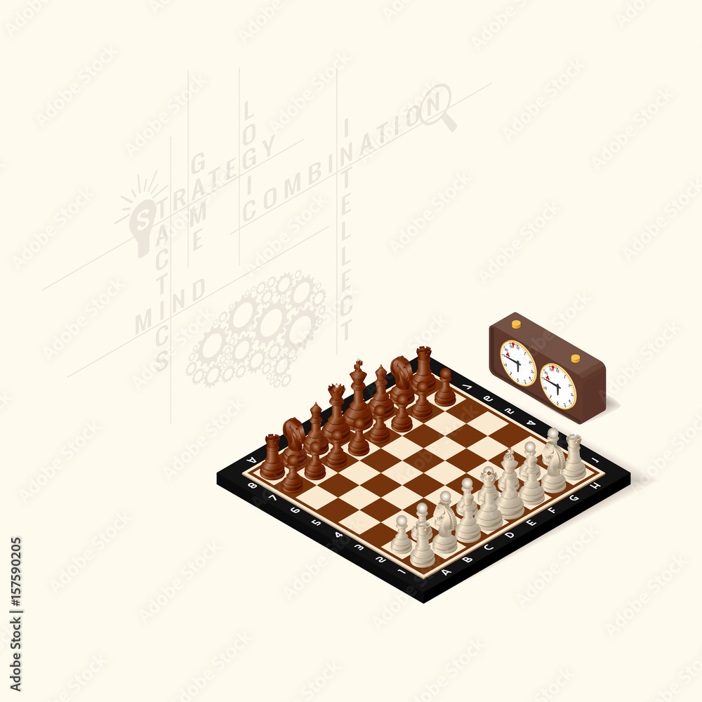 Poster chessboard with plased figures and next standing chess clock on a light background