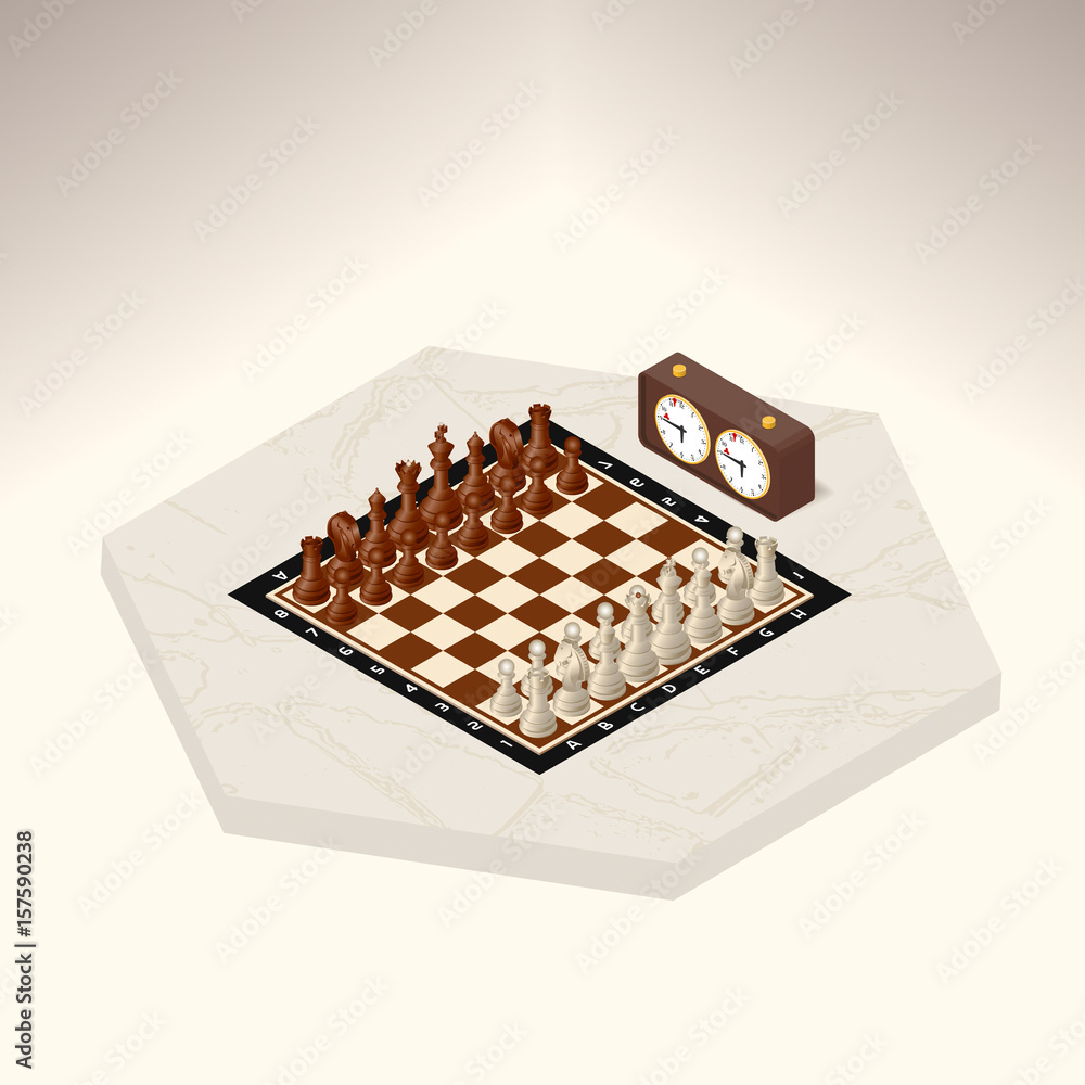 Poster chessboard with plased figures and next standing chess clock on a marble table