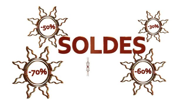 Logo Soldes Rouge avec r&eacute;ductions dans des soleils dor&eacute;s