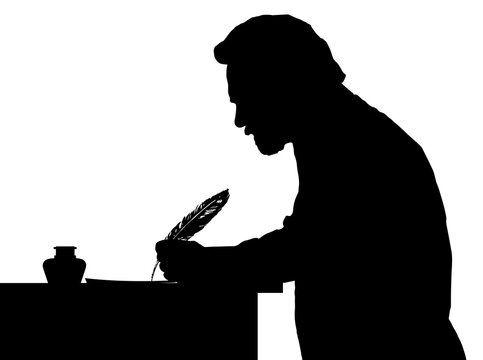 Vintage Silhouette of bearded man writing with feather at table