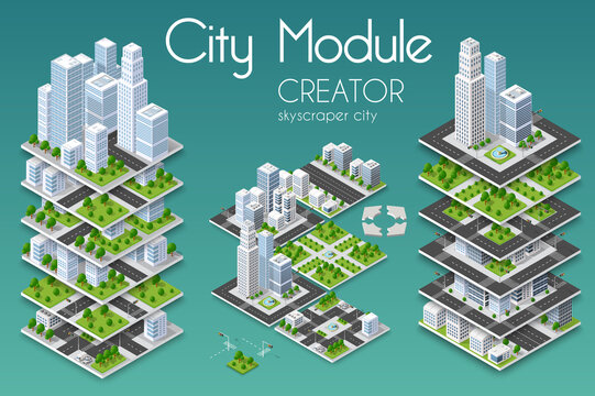 City module creator isometric concept of urban infrastructure business. Vector building illustration of skyscraper and collection of urban elements architecture, home, construction, block and park