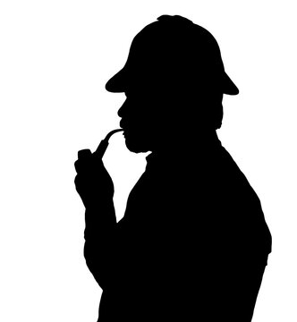 Silhouette of bearded man smoking pipe with Sherlock hat thinking