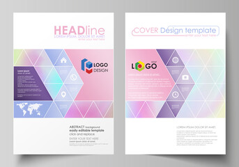 Business templates for brochure, flyer, report. Cover design template, vector layout in A4 size. Hologram, background in pastel colors, holographic effect. Blurred colorful pattern, futuristic texture
