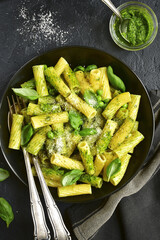 Pasta with sauce pesto and green pea.Top view.