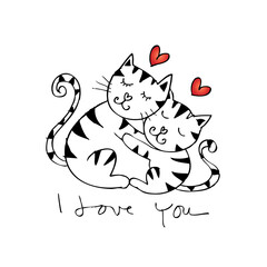 Two cats cuddle. Doodle style.