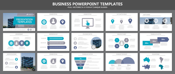 Set of gray and blue elements for multipurpose presentation template slides with graphs and charts. Leaflet, corporate report, marketing, advertising, annual report, book cover design.