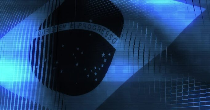 Futuristic Glitching Brazil flag waving in computer technology ominous environment