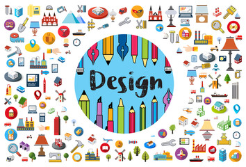 Logo of the designer and artist brush, pen, pencil on a round background