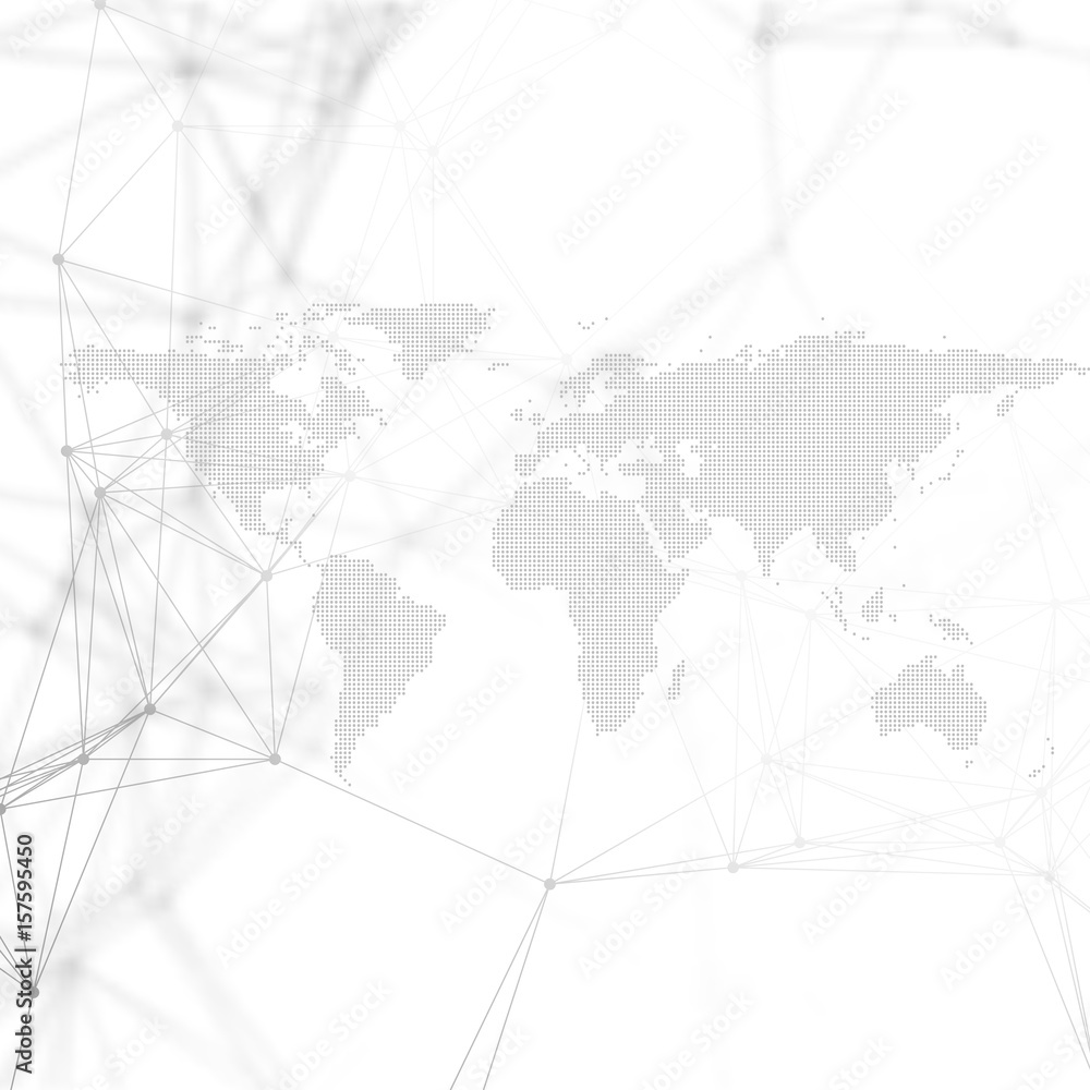 Poster abstract futuristic background with connecting lines and dots, polygonal linear texture. world map o