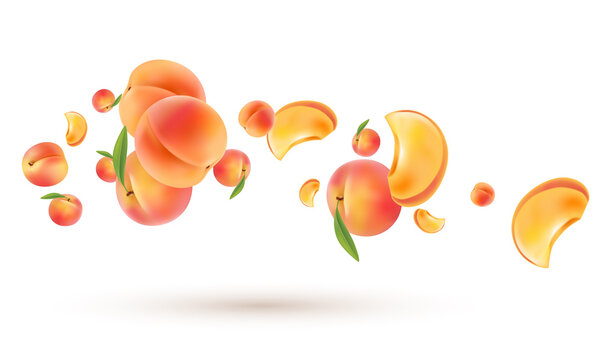 3d Flying Peaches On White. Vector Realistic Illustration