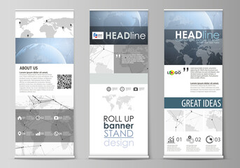 The minimalistic vector illustration of the editable layout of roll up banner stands, vertical flyers, flags design business templates. World globe on blue. Global network connections, lines and dots.