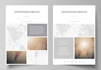 The vector illustration of the editable layout of A4 format covers design templates for brochure, magazine, flyer, booklet, report. Global network connections, technology background with world map.