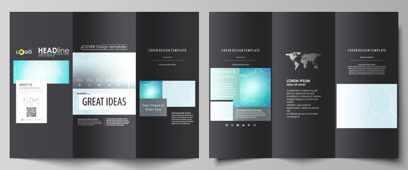 The black colored minimalistic vector illustration of the editable layout of two creative tri-fold brochure covers design templates. Futuristic high tech background, dig data technology concept.