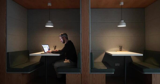 Businessman working late at night in office alone