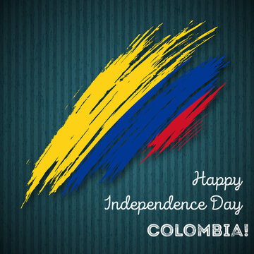 Colombia Independence Day Patriotic Design. Expressive Brush Stroke in National Flag Colors on dark striped background. Happy Independence Day Colombia Vector Greeting Card.