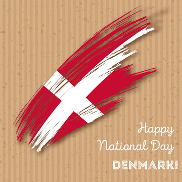 Denmark Independence Day Patriotic Design. Expressive Brush Stroke in National Flag Colors on kraft paper background. Happy Independence Day Denmark Vector Greeting Card.