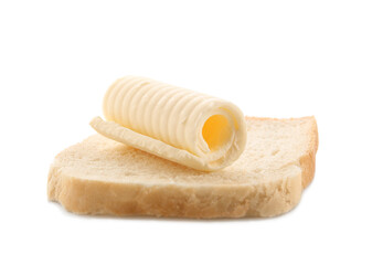 Slice of bread with butter curl on white background