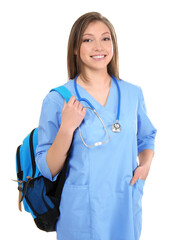 Beautiful young medical student on white background