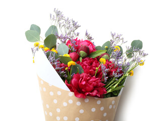 Bouquet with beautiful peonies on white background