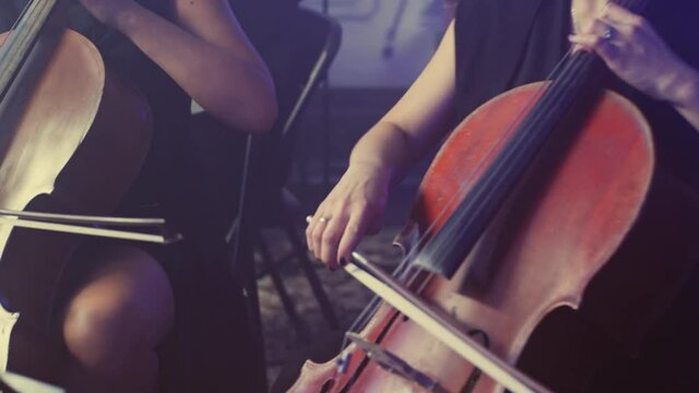 Female cello player playing violoncello. Close up of orchestra instruments play music. Woman hand playing cello. Orchestra musicians cello playing. Woman playing violoncello