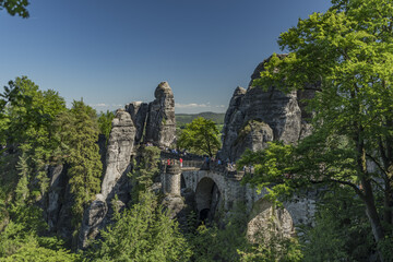 Big rocks near Bastei bridge in valley of river Elbe