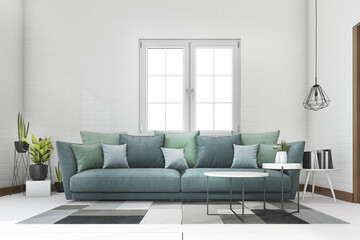 3d rendering blue and green sofa with plant in white brick living room