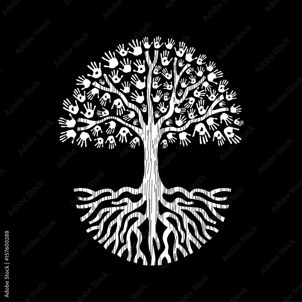 Wall mural hand tree in black and white for community help